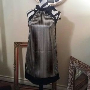 black and white dress with pussy bow